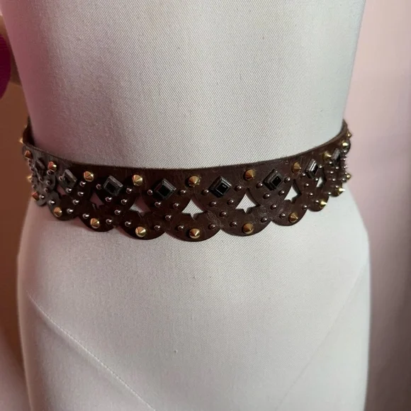 Etro Milano Brown Leather Metal Studded bikercore belt size 31 to 33
